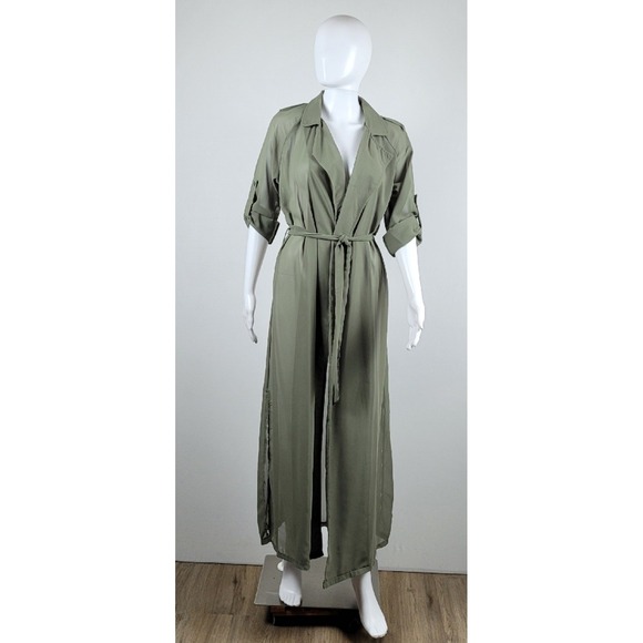 Sweaters - Olive Green Duster Cardigan Sheer Trench Style Womens - Large